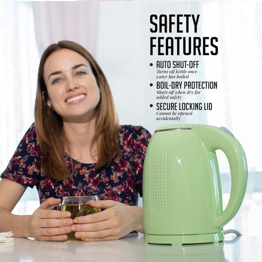 Ovente 1.7L Electric Kettle, Double Wall 304 Stainless Steel Water Boiler, Auto Shut-Off and Boil-Dry Protection, Stay-Cool Exterior, BPA-Free, Cordless, Green (KD64G) - PuriLite
