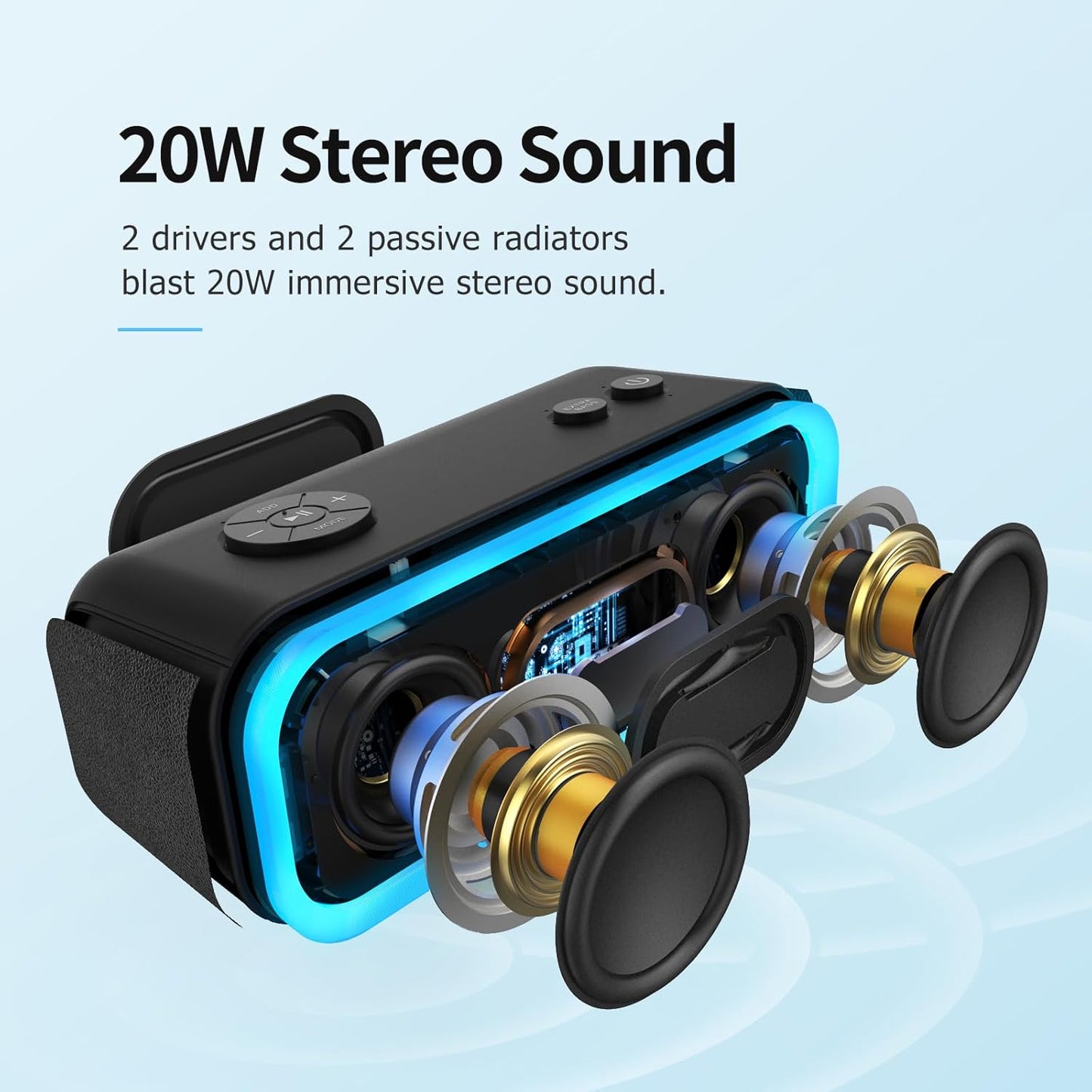 DOSS SoundBox Pro Bluetooth Speaker with 20W Stereo Sound, Active Extra Bass, IPX6 Waterproof, TWS Pairing, Multi-Colors Lights, 20H Playtime, Portable for Beach, Outdoor-Black