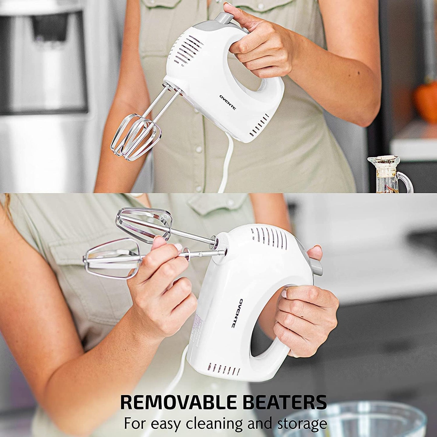 OVENTE 5-Speed Electric Hand Mixer with Stainless Steel Mixing Whisk, Snap-On Storage Case, Portable & Lightweight 150W Motor, Compact Handheld Mixer for Baking, Blending or Cooking, White HM151W
