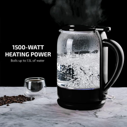 OVENTE Electric Kettle with 1.5L Borosilicate Glass, 1500W Fast Boiling Water Heater for Coffee or Tea, Prontofill Technology, Auto Shut-Off, Boil-Dry Protection & Stainless Steel Filter, Black KG516B - PuriLite