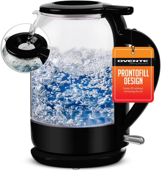 OVENTE Electric Kettle with 1.5L Borosilicate Glass, 1500W Fast Boiling Water Heater for Coffee or Tea, Prontofill Technology, Auto Shut-Off, Boil-Dry Protection & Stainless Steel Filter, Black KG516B