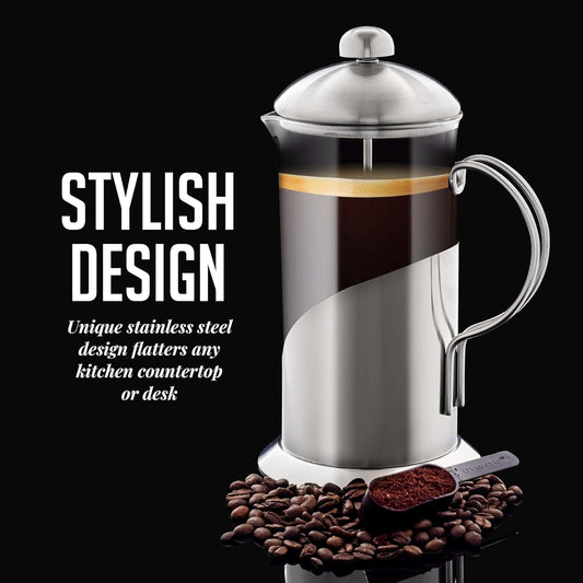 OVENTE French Press Coffee Maker 20 Ounce with Heat Resistant Borosilicate Glass, Stainless Steel Design and 4-Level Filter System, Portable Cold Brewer Pot for Travel, Camping or Gift, Silver FSL20S - PuriLite