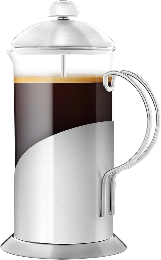 OVENTE French Press Coffee Maker 20 Ounce with Heat Resistant Borosilicate Glass, Stainless Steel Design and 4-Level Filter System, Portable Cold Brewer Pot for Travel, Camping or Gift, Silver FSL20S