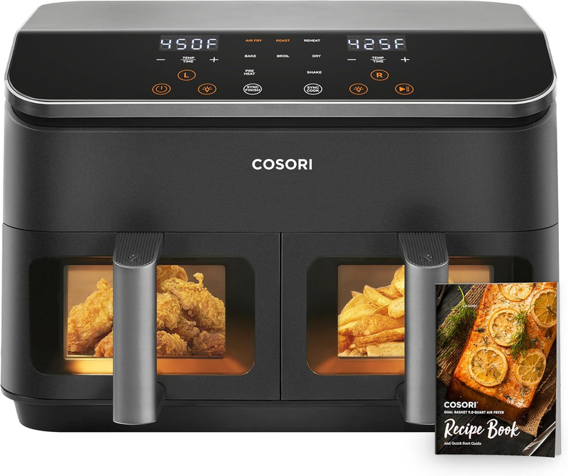 COSORI Air Fryer with Dual Baskets, 9Qt 10-in-1 Functions,130 Recipes for Easy Cooking, Fresh Balanced Meals for Family and Children, Sync Cook & Finish to Bake, Roast, Reheat & Broil, Dishwasher Safe