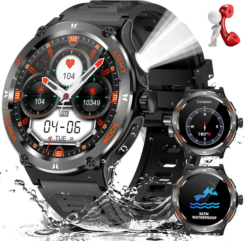 Military Smart Watches for Men with LED Flashlight 500mAh Big Battery Tactical Smart Watch 1.53” Big Screen Rugged Smartwatch 3ATM Waterproof Fitness Tracker with Health Monitor for iOS Android