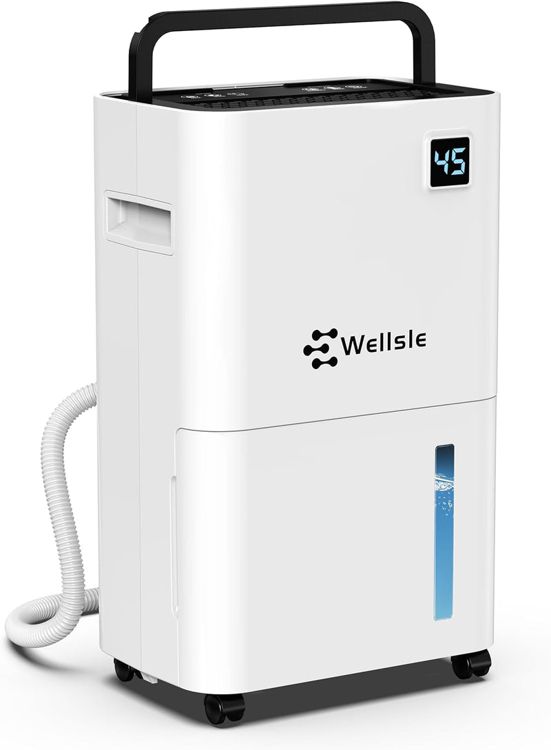 Wellsle 50 Pint Dehumidifiers for Basement & Bedroom with Smart Humidity Control, 24HR Timer, 0.66 Gallon Tank, Drain Hose for Continuous Drainage - Home Quiet Dehumidifier with 3 Working Modes