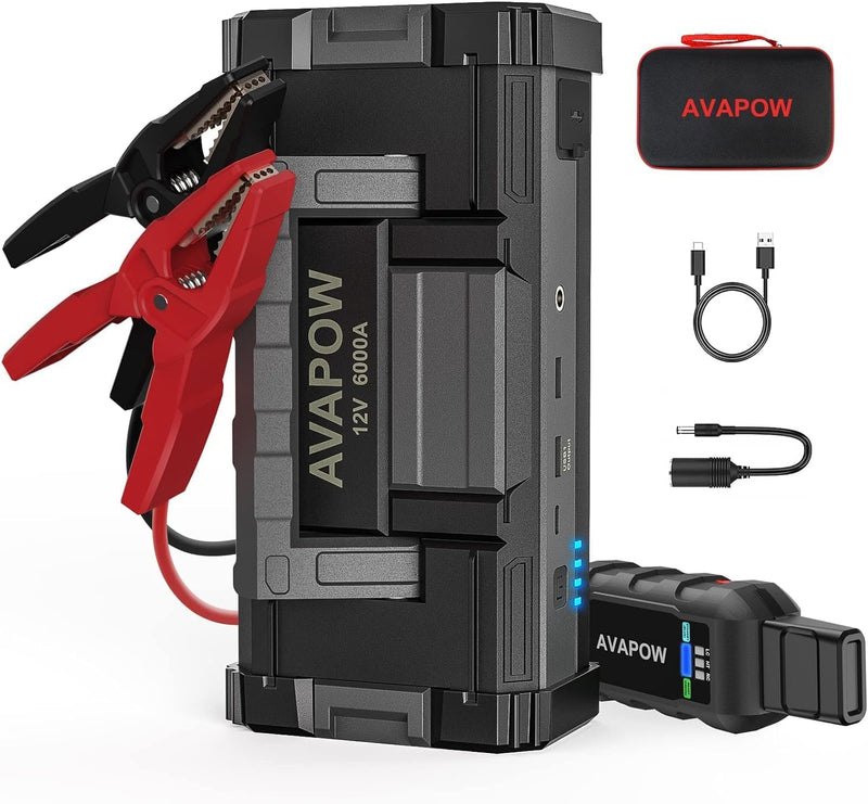 AVAPOW 6000A Car Jump Starter(for All Gas or up to 12L Diesel) Powerful Car Battery Jump Starter with Dual USB Quick Charge and DC Output,12V Jump Pack with Built-in LED Bright Light