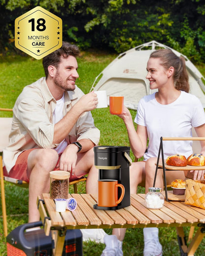 Tastyle Single Serve Mini Coffee Maker, for K Cups and Grounds, with Portable Handle, 6 to 12 Oz Brew Size, for Travel, Camping, Office, RV and Dorm, Black and Gold