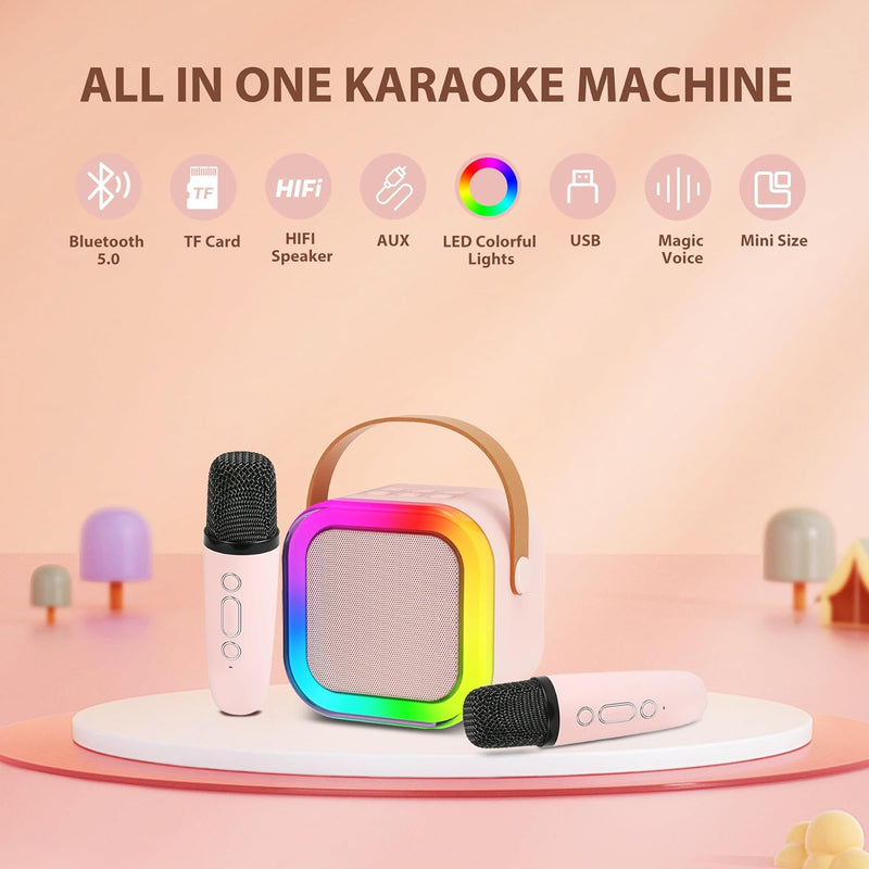 Karaoke Machine for Kids Adults, Mini Karaoke Machine with 2 Wireless Microphones, Portable Bluetooth Speaker with Voice Changing Effects & LED Lights, Best Gifts Toys for Girls and Boys