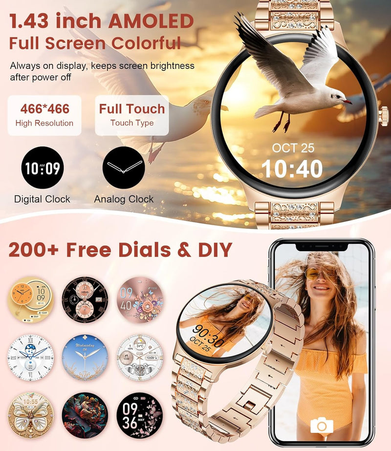 Smart Watches for Women Ultra Thin with AMOLED Screen, 2 Straps, Make/Answer Call,100+ Sport Modes, IP68 Waterproof Pedometer Android iOS Compatible Woman's Smartwatch with Diamond Band