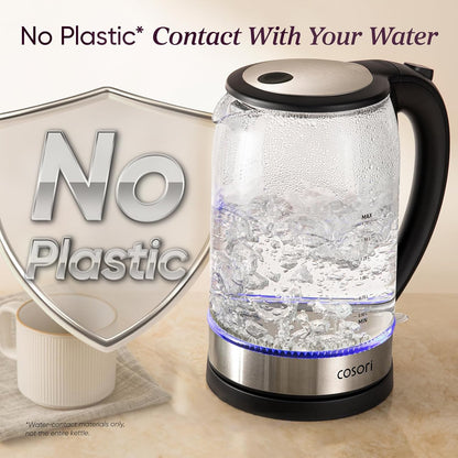 Electric Glass Kettle with Automatic Shut Off, 1.7L Borosilicate Glass Hot Water Kettle, Plastic-Free Interior, 1500W Fast Boil Tea and Coffee Kettle, Black