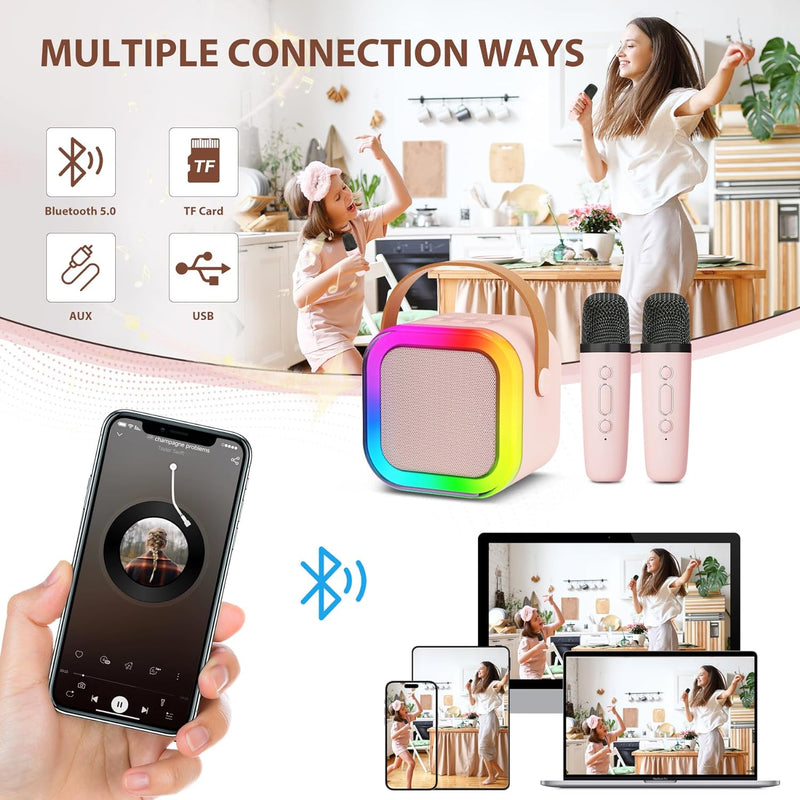 Karaoke Machine for Kids Adults, Mini Karaoke Machine with 2 Wireless Microphones, Portable Bluetooth Speaker with Voice Changing Effects & LED Lights, Best Gifts Toys for Girls and Boys
