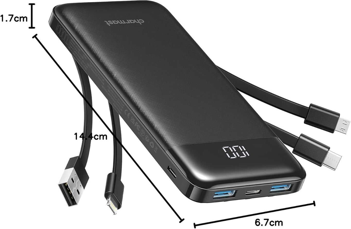 Charmast Power Bank with Built in Cable, 10000mAh USB C Battery Pack 6 Outputs 2 Inputs with LED Display Type C Powerbank Portable Charger Compatible with Smartphones Tablets and More (Black)