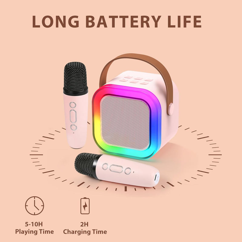 Karaoke Machine for Kids Adults, Mini Karaoke Machine with 2 Wireless Microphones, Portable Bluetooth Speaker with Voice Changing Effects & LED Lights, Best Gifts Toys for Girls and Boys