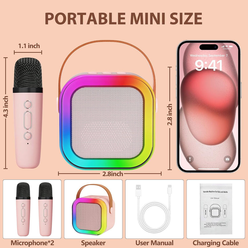 Karaoke Machine for Kids Adults, Mini Karaoke Machine with 2 Wireless Microphones, Portable Bluetooth Speaker with Voice Changing Effects & LED Lights, Best Gifts Toys for Girls and Boys