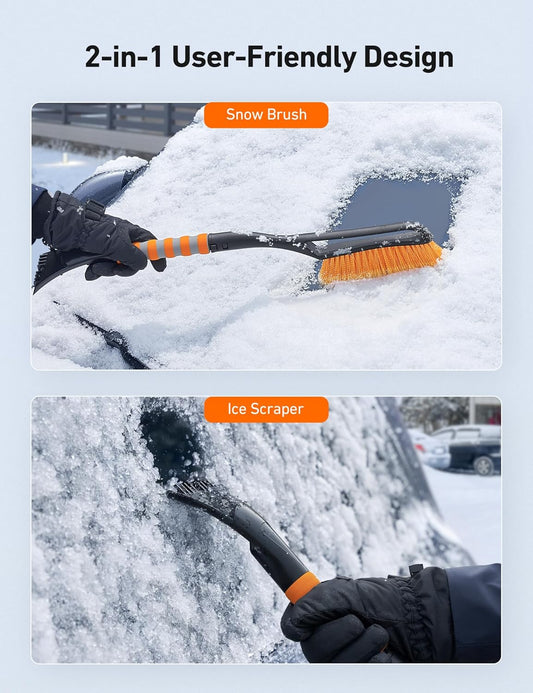 AstroAI 27" Snow Brush and Detachable Ice Scraper with Ergonomic Foam Grip for Cars, Trucks, SUVs (Heavy Duty ABS, PVC Brush, Orange) - PuriLite