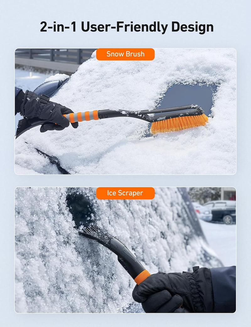 AstroAI 27" Snow Brush and Detachable Ice Scraper with Ergonomic Foam Grip for Cars, Trucks, SUVs (Heavy Duty ABS, PVC Brush, Orange)