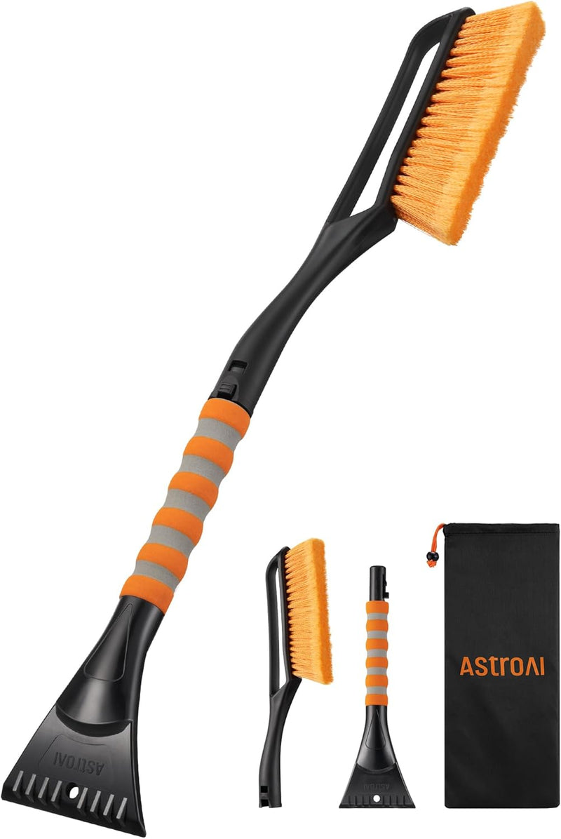 AstroAI 27" Snow Brush and Detachable Ice Scraper with Ergonomic Foam Grip for Cars, Trucks, SUVs (Heavy Duty ABS, PVC Brush, Orange)