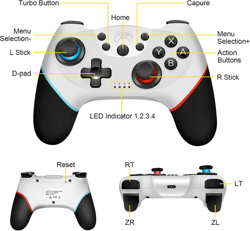 [2024 New Version] Switch Controller, Wireless Pro Controller Switch Lite, Switch Remote Controller Gamepad Joystick, Turbo and Dual Vibration (White)