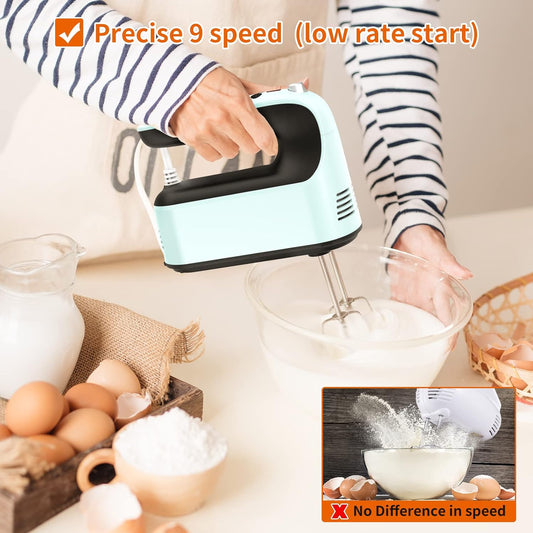 Yomelo 9-Speed Digital Hand Mixer Electric, 400W Powerful DC Motor, Baking Mixer Handheld with Snap-On Storage Case, Touch Button, Turbo Boost, Dough Hooks, Whisk (Ice Blue) - PuriLite