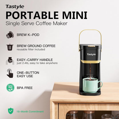 Tastyle Single Serve Mini Coffee Maker, for K Cups and Grounds, with Portable Handle, 6 to 12 Oz Brew Size, for Travel, Camping, Office, RV and Dorm, Black and Gold