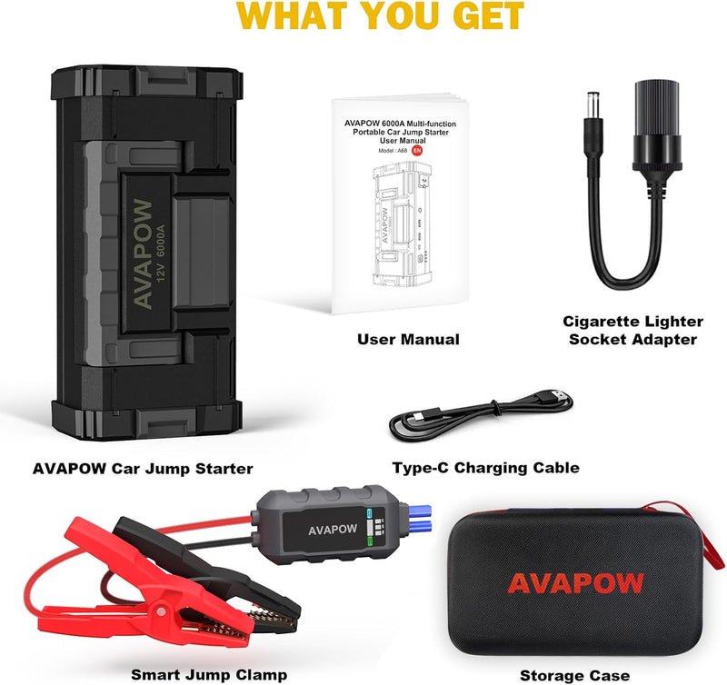 AVAPOW 6000A Car Jump Starter(for All Gas or up to 12L Diesel) Powerful Car Battery Jump Starter with Dual USB Quick Charge and DC Output,12V Jump Pack with Built-in LED Bright Light