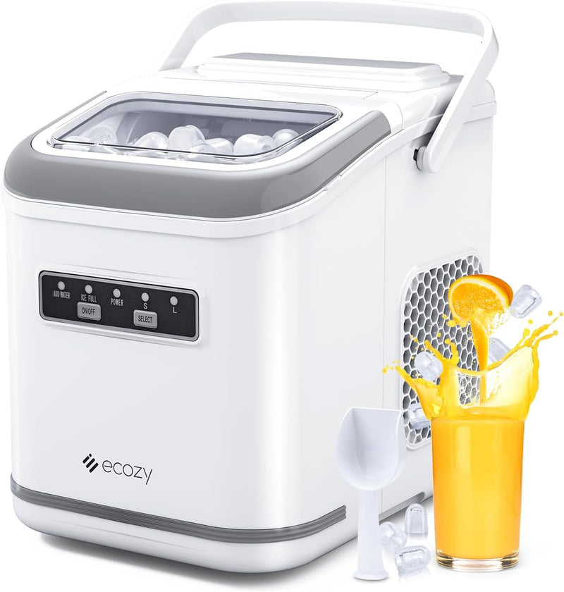 ecozy Countertop Ice Maker, Portable Ice Maker with Self-Cleaning, 9 Bullet Ice Cubes in 6 Mins, 26lbs/24Hrs, Ice Maker Machine with Ice Bags, Handle, Standing Scoop and Basket, White