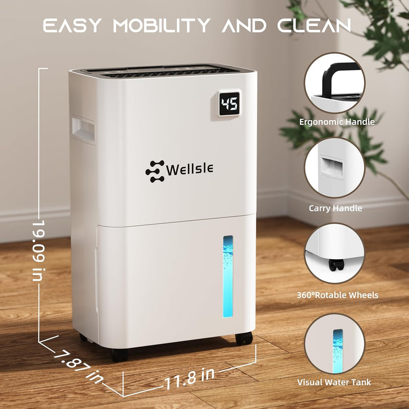 Wellsle 50 Pint Dehumidifiers for Basement & Bedroom with Smart Humidity Control, 24HR Timer, 0.66 Gallon Tank, Drain Hose for Continuous Drainage - Home Quiet Dehumidifier with 3 Working Modes