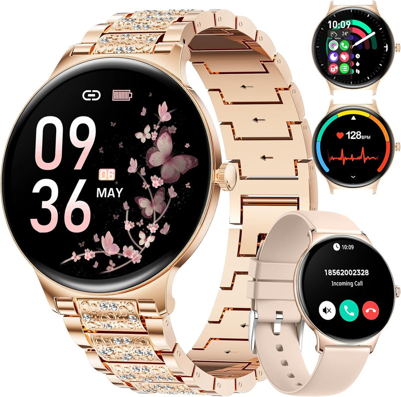 Smart Watches for Women Ultra Thin with AMOLED Screen, 2 Straps, Make/Answer Call,100+ Sport Modes, IP68 Waterproof Pedometer Android iOS Compatible Woman's Smartwatch with Diamond Band