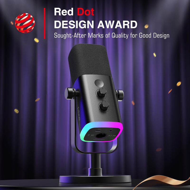 Fifine XLR/USB Dynamic Podcasting Microphone, Gaming Studio Computer PC Mic with RGB, Mute Button, Headphones Jack, Desktop Stand for Streaming Recording Vocal VoiceOver YouTube Singing-AM8