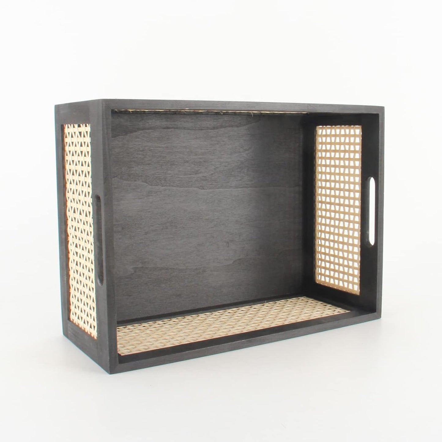 Bamboo Storage Basket with Handles, Black Wooden Storage Bin for Clothes Books Toys Sundries. (15x11x6 inch)