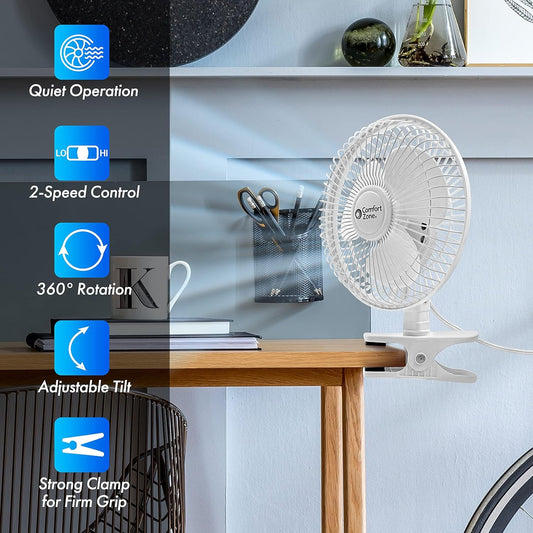 6 Inch Clip-On Fan Great for Table Tops, White - PuriLite