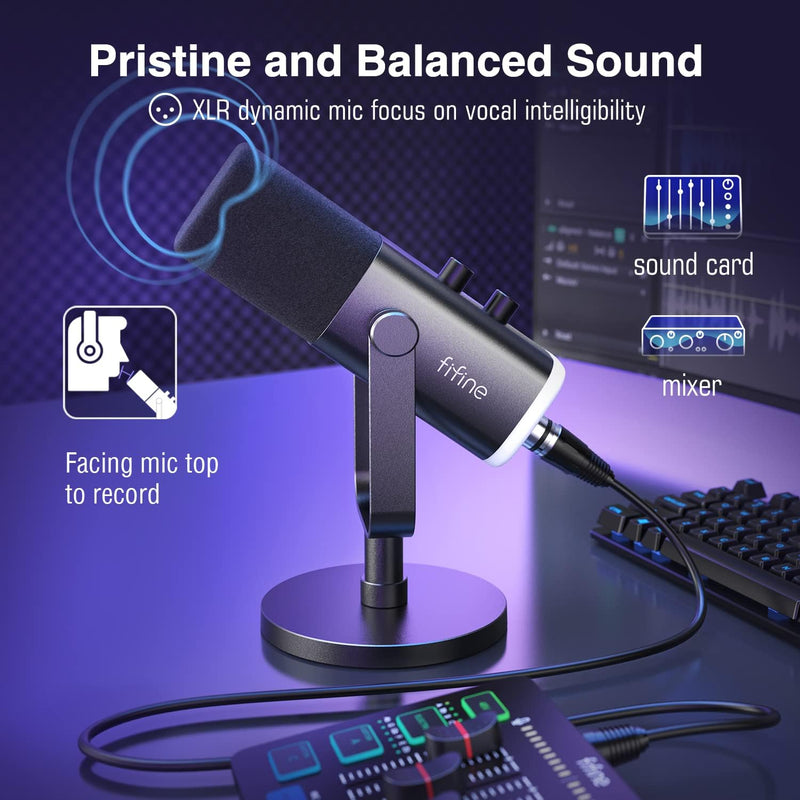 Fifine XLR/USB Dynamic Podcasting Microphone, Gaming Studio Computer PC Mic with RGB, Mute Button, Headphones Jack, Desktop Stand for Streaming Recording Vocal VoiceOver YouTube Singing-AM8