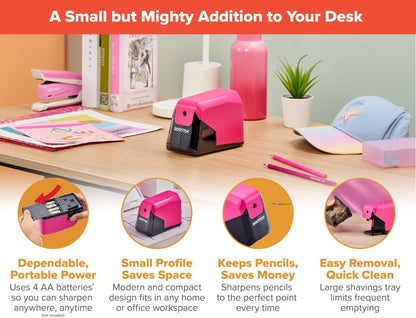 Bostitch Office Battery Pencil Sharpener, 4X Longer Cutter Life, Tip Saver Technology, Pink