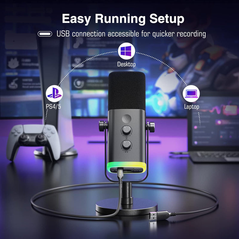 Fifine XLR/USB Dynamic Podcasting Microphone, Gaming Studio Computer PC Mic with RGB, Mute Button, Headphones Jack, Desktop Stand for Streaming Recording Vocal VoiceOver YouTube Singing-AM8