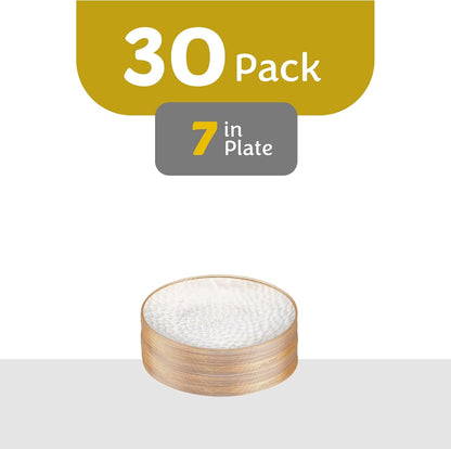 30 Pack Hammered Plastic Plates Heavyweight Disposable Plastic Plates Elegant Clear Hammered Rim Platsic Party Dishes (Hamered Clear With Gold Rim, 7'' INCH PLATES)