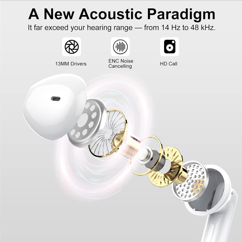 Wireless Earbuds, Bluetooth 5.3 Headphones HiFi Stereo, Mini in-Ear Bluetooth Earbuds, Wireless Earphones with 4 ENC Noise Cancelling Mic, IP7 Waterproof, LED Display, Touch Control Ear Buds, White