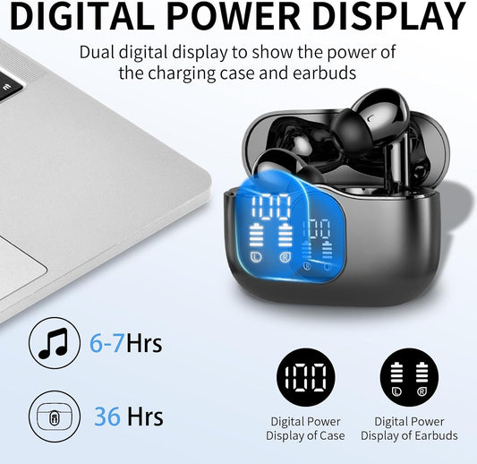 Wireless Earbuds, Bluetooth Headphones 5.3 HiFi Stereo, Wireless Earphones with ENC Noise Cancelling Mic, IP7 Waterproof in Ear Wireless Headphones, LED Digital Display Ear Buds, Touch Control, Black - PuriLite