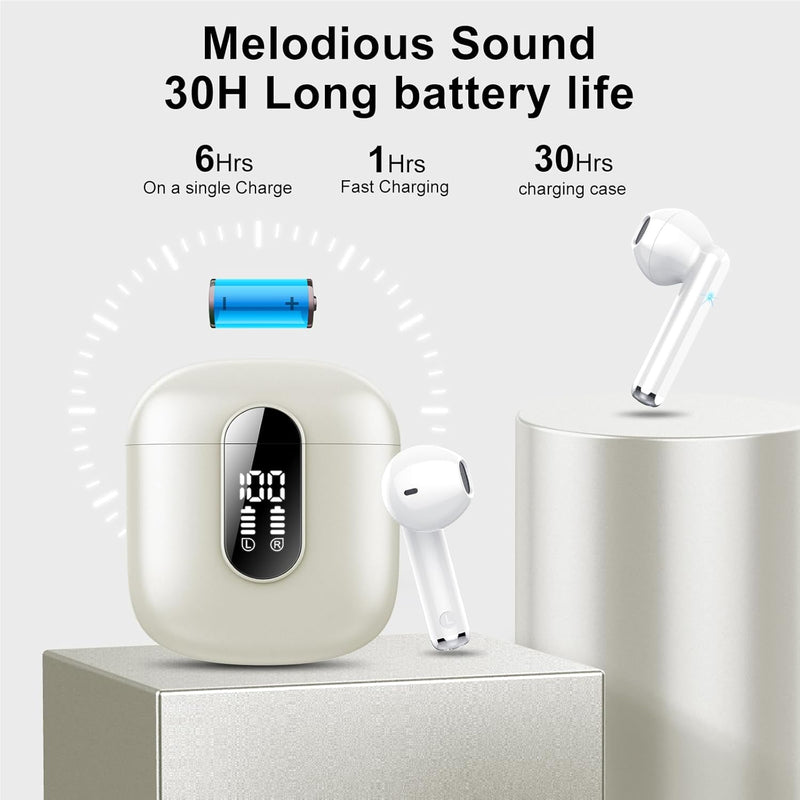 Wireless Earbuds, Bluetooth 5.3 Headphones HiFi Stereo, Mini in-Ear Bluetooth Earbuds, Wireless Earphones with 4 ENC Noise Cancelling Mic, IP7 Waterproof, LED Display, Touch Control Ear Buds, White