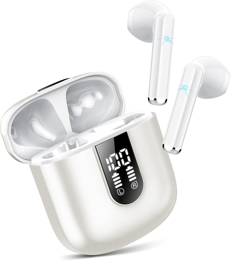 Wireless Earbuds, Bluetooth 5.3 Headphones HiFi Stereo, Mini in-Ear Bluetooth Earbuds, Wireless Earphones with 4 ENC Noise Cancelling Mic, IP7 Waterproof, LED Display, Touch Control Ear Buds, White