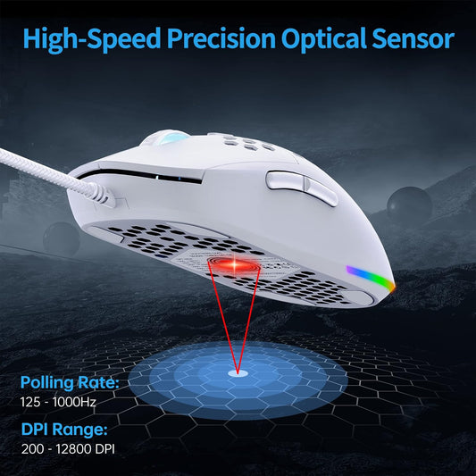 TMKB Falcon M1SE Ultralight Honeycomb Gaming Mouse, High-Precision 12800DPI Optical Sensor, 6 Programmable Buttons, Customizable RGB, Drag-Free Paracord, Ergonomic Wired Gaming Mouse - Matte White - PuriLite