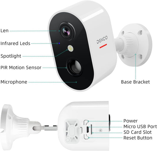 DEKCO Security Cameras Wireless Outdoor, Battery Operated Camera Surveillance Exterieur for Home Security, 1080P WiFi Camera with PIR Human Motion Detection & Siren, 2 Way Audio, IP66 Waterproof