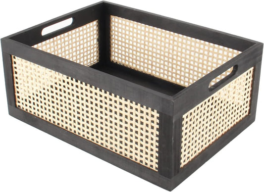 Bamboo Storage Basket with Handles, Black Wooden Storage Bin for Clothes Books Toys Sundries. (15x11x6 inch)