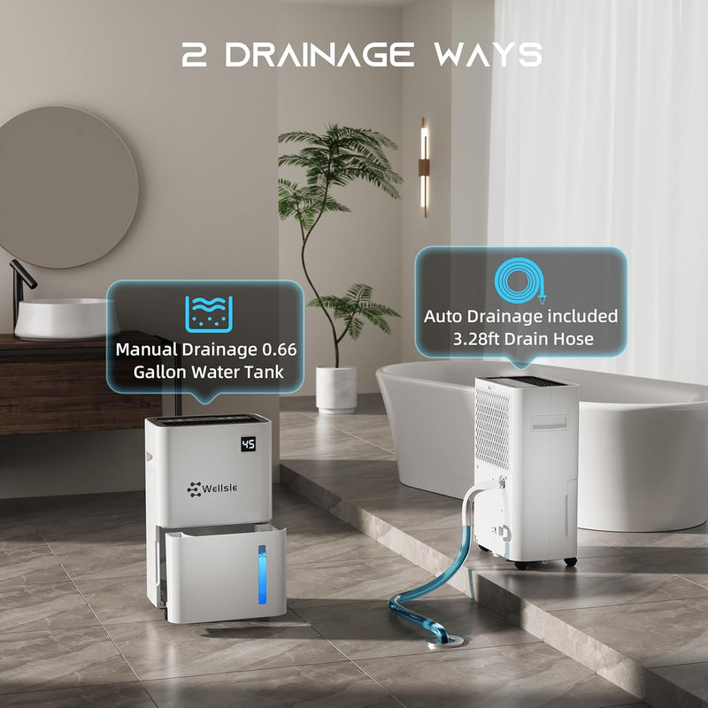 Wellsle 50 Pint Dehumidifiers for Basement & Bedroom with Smart Humidity Control, 24HR Timer, 0.66 Gallon Tank, Drain Hose for Continuous Drainage - Home Quiet Dehumidifier with 3 Working Modes