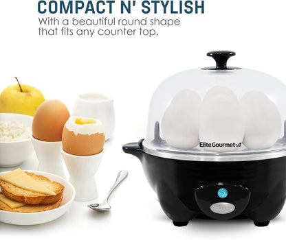 Elite Gourmet EGC-007B# Rapid Egg Cooker, 7 Easy-To-Peel, Hard, Medium, Soft Boiled Eggs, Poacher, Omelet Maker, Auto Shut-Off, Alarm, 16-Recipe Booklet, BPA-Free, Black