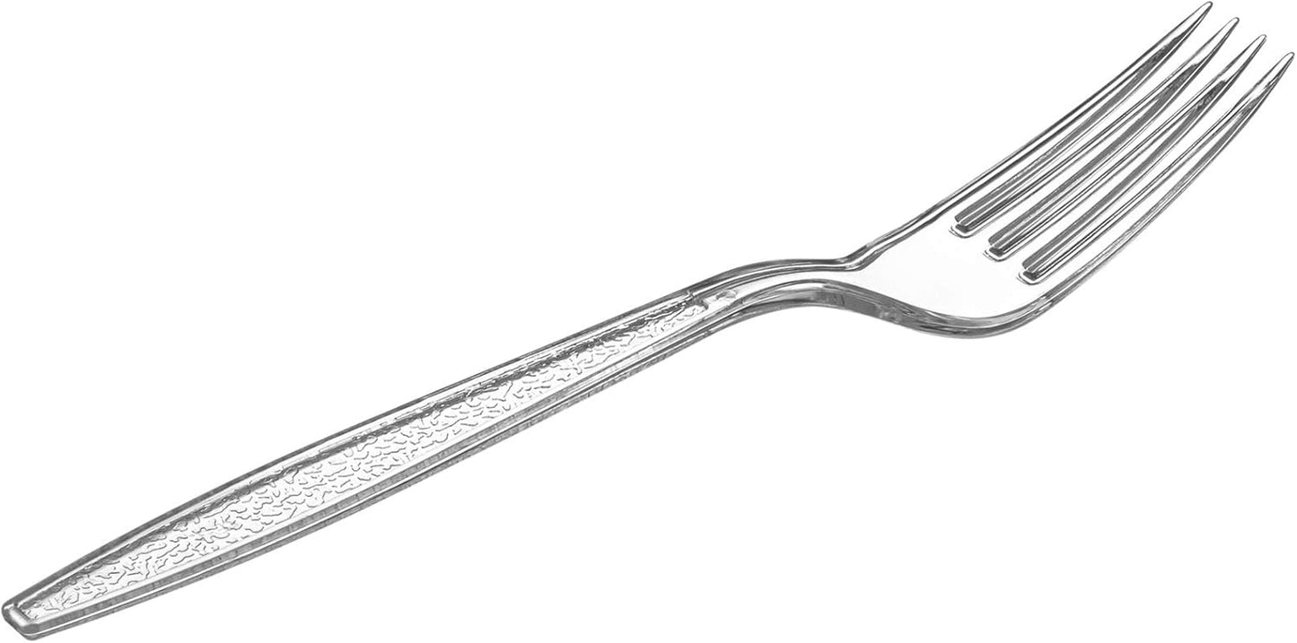 [100 Count] Engraved Clear Forks – Elegant Disposable Mini Utensils with Stylish Etched Design for Coffee, Desserts, and Events - Formerly Comfy Package