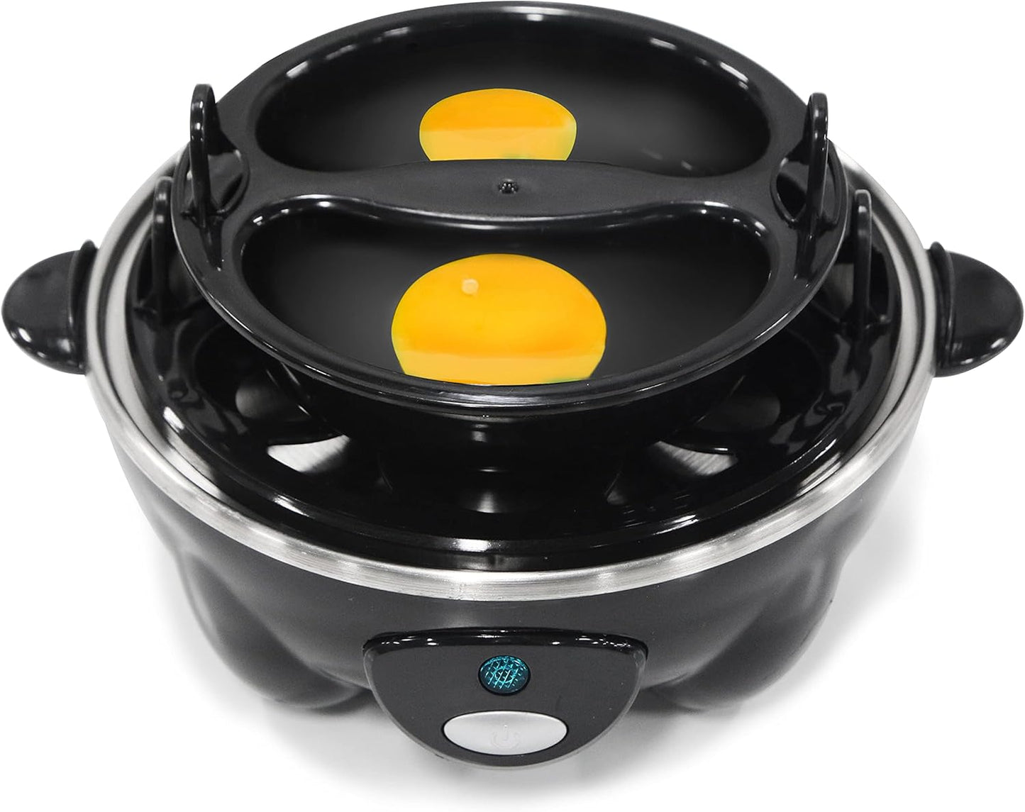 Elite Gourmet EGC-007B# Rapid Egg Cooker, 7 Easy-To-Peel, Hard, Medium, Soft Boiled Eggs, Poacher, Omelet Maker, Auto Shut-Off, Alarm, 16-Recipe Booklet, BPA-Free, Black