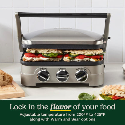 Cuisinart 5-in-1 Griddler with Reversible Nonstick Grill and Griddle Plates, Silver (CGR-4NEC)