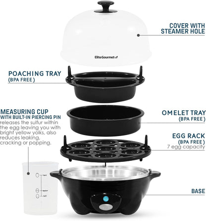 Elite Gourmet EGC-007B# Rapid Egg Cooker, 7 Easy-To-Peel, Hard, Medium, Soft Boiled Eggs, Poacher, Omelet Maker, Auto Shut-Off, Alarm, 16-Recipe Booklet, BPA-Free, Black