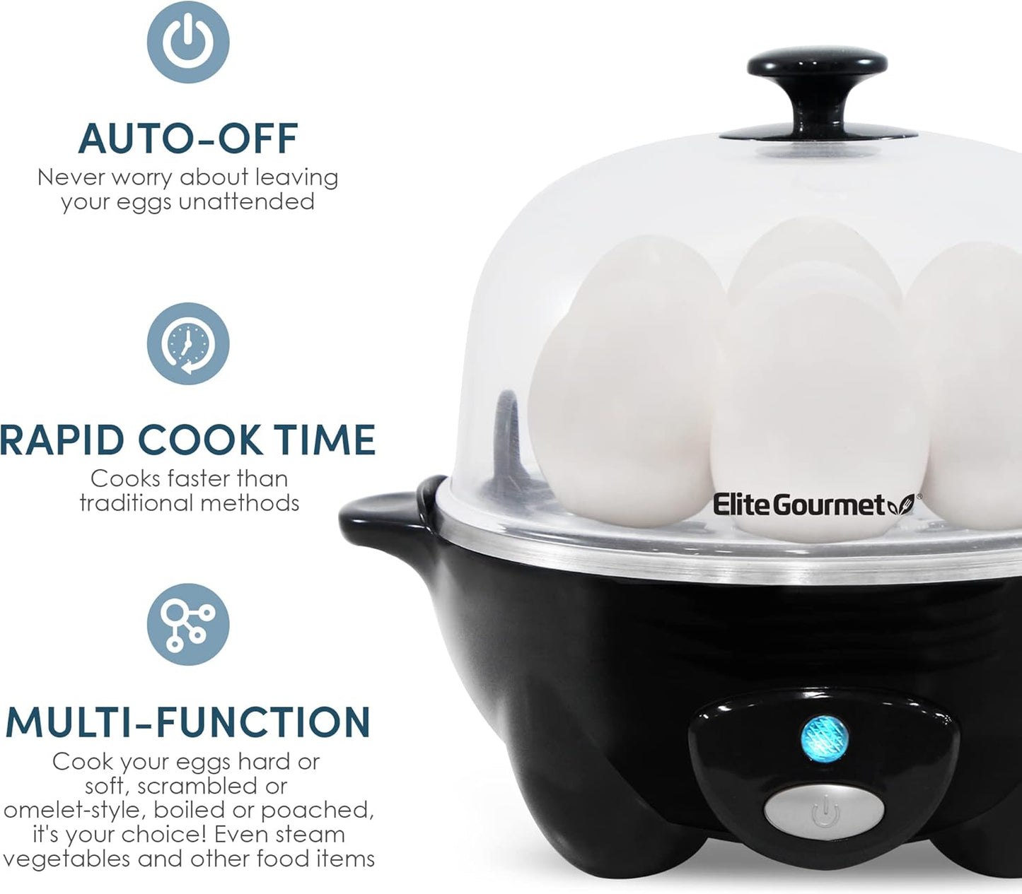 Elite Gourmet EGC-007B# Rapid Egg Cooker, 7 Easy-To-Peel, Hard, Medium, Soft Boiled Eggs, Poacher, Omelet Maker, Auto Shut-Off, Alarm, 16-Recipe Booklet, BPA-Free, Black